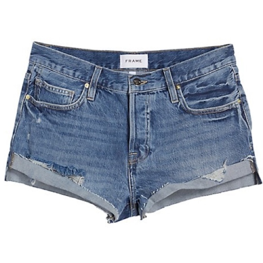 NWT FRAME Front Cuffed Cutoff Denim Shorts ADRIFT Blue Jean Distressed Sz 28